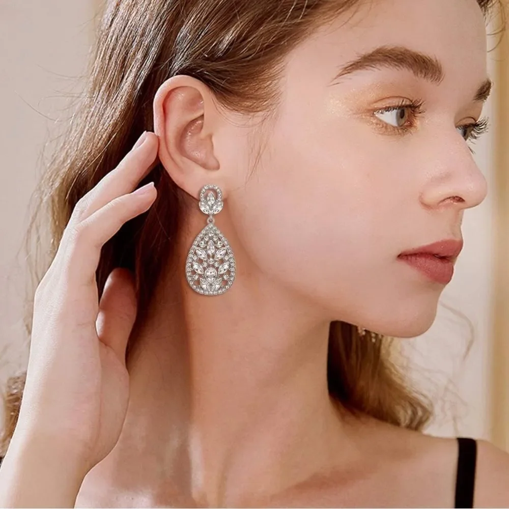 Silver with White Diamond Austrian Crystal Teardrop Chandelier Post Earrings